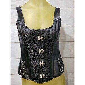 Black Texture Faux Leather Shoulder Straps Overbust Corset Size M MEDIUM
